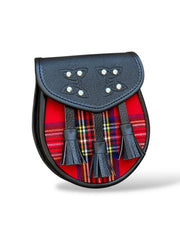 Men's Scottish Royal Stewart Tartan Leather Sporran with 3 Tassels and Chain Strap