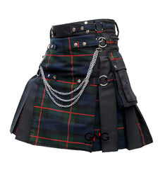 Men’s Scottish Gothic Tartan Kilt – Black & Green Hybrid Utility Kilt with Chains