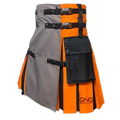 Men's Grey & Orange Tactical Utility Kilt with Cargo Pocket – Modern Highland Style