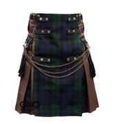 Men’s Tartan Utility Kilt with Chain Details, Adjustable Straps & Front Apron Modern Highland Fashion Kilt