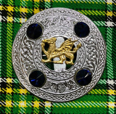 Scottish Kilt Fly Plaid Brooch – Welsh Dragon Gold Finish Celtic Badge with Four Blue Stones