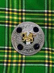 Scottish Kilt Fly Plaid Brooch – Welsh Dragon Gold Finish Celtic Badge with Four Blue Stones