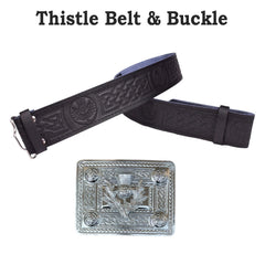 Men's Black Scottish Thistle Kilt Belt & Buckle – Embossed Leather Highland Belt