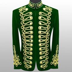 Men's Green Hussar Velvet Jacket Military Gold Braided Jacket