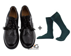 Scottish Men's Black Leather Ghillie Brogues Kilt Shoes with Green Socks
