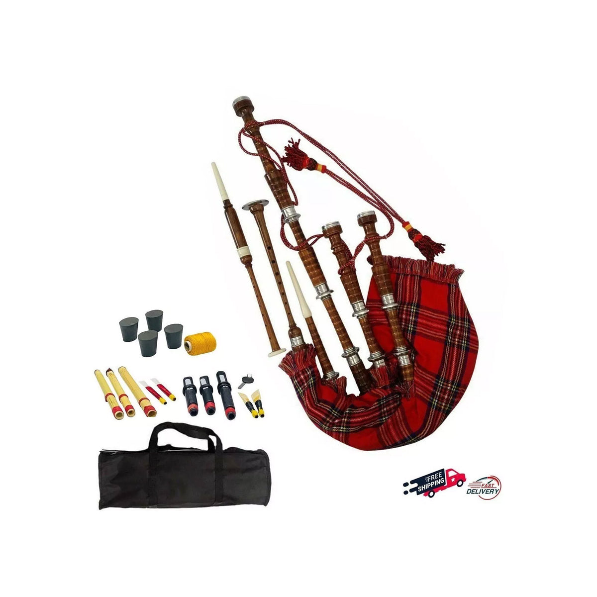 Scottish Brown Bagpipe Royal Stewart Silver Mounts Rosewood Highland Bagpipe