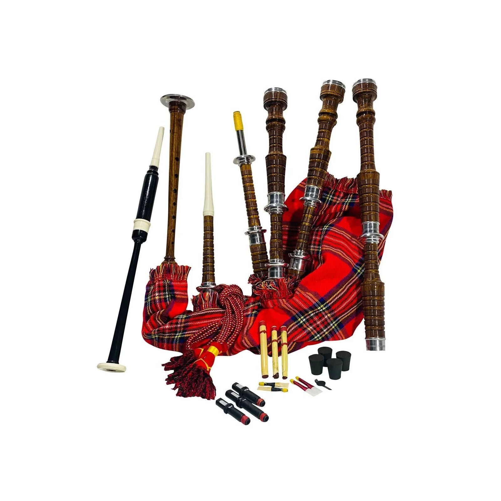 Scottish Brown Bagpipe Royal Stewart Silver Mounts Rosewood Highland Bagpipe