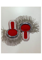Silver Moon Shoulder Epaulettes On Red Silver Fringe Marching Band Epaulettes
