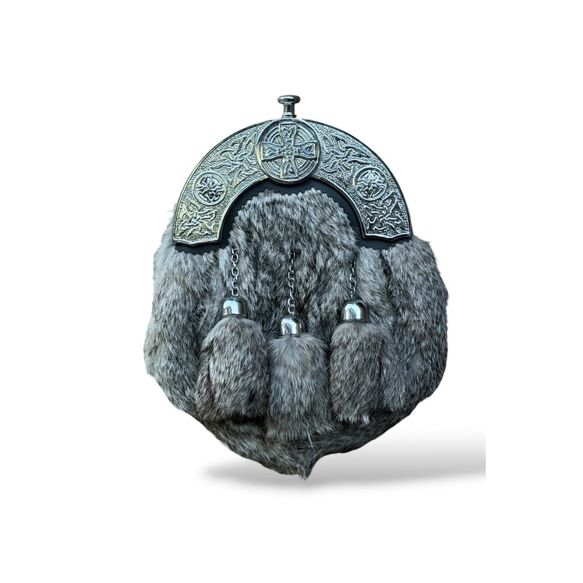 Men's Scottish Celtic Cantle Grey Fur Sporran 3 Tassels Sporran With Chain Belt