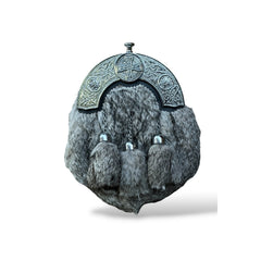 Men's Scottish Celtic Cantle Grey Fur Sporran 3 Tassels Sporran With Chain Belt