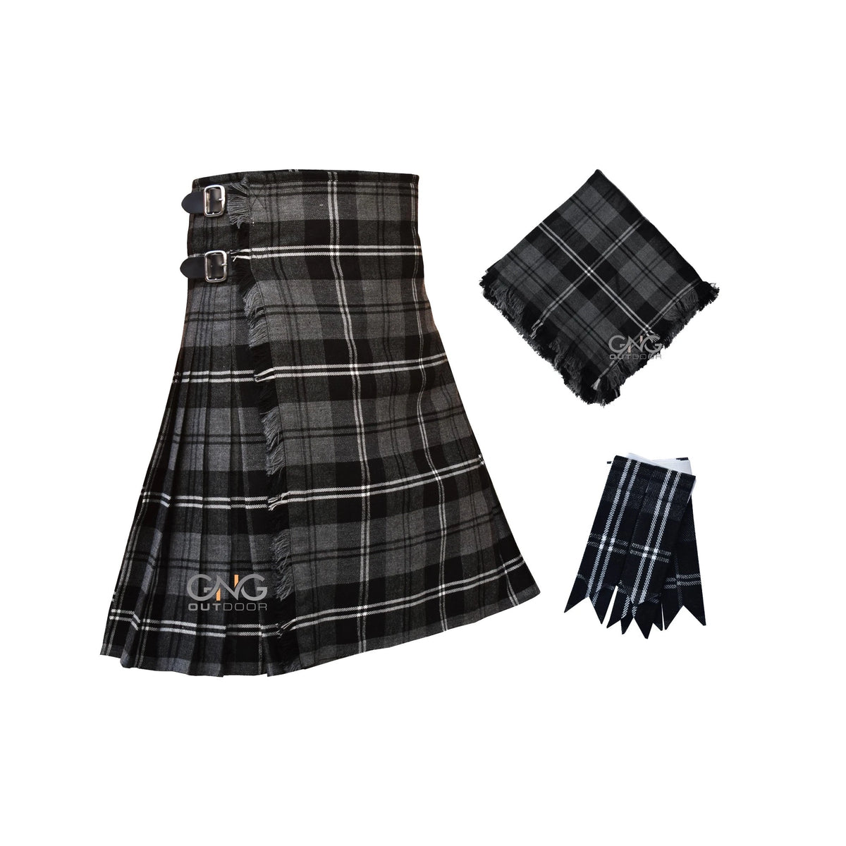 Scottish Hamilton Grey Tartan 8 Yard Kilt with Matching Flashes and Fly Plaid