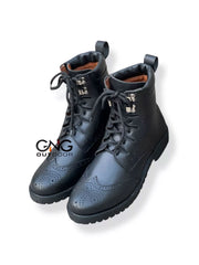 Scottish Men's Handmade Black Leather Ghillie Brogues Kilt Boots