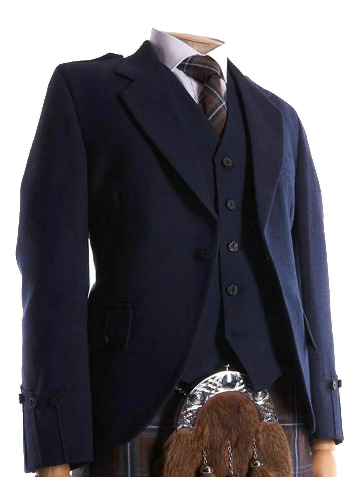 Men's Scottish Navy Blue Wool Argyle Style Jacket 5 Button Vest wedding Jacket