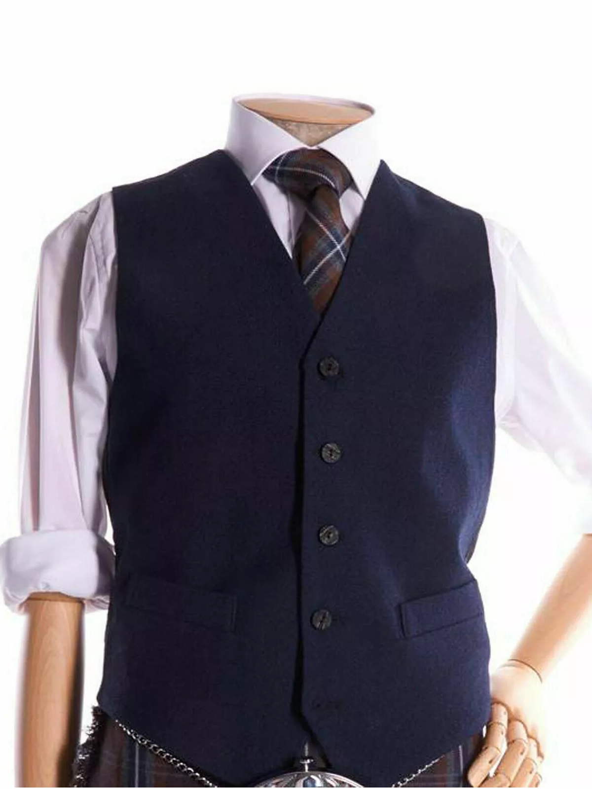 Men's Scottish Navy Blue Wool Argyle Style Jacket 5 Button Vest wedding Jacket