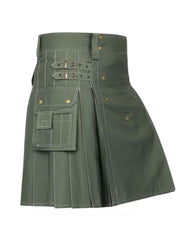 Men's Scottish Olive Green Utility kilt is made of Cotton