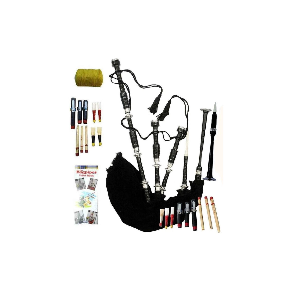 Highland Rosewood Bagpipe Full Silver Mounts Black Cover With Bag & Tutor Book
