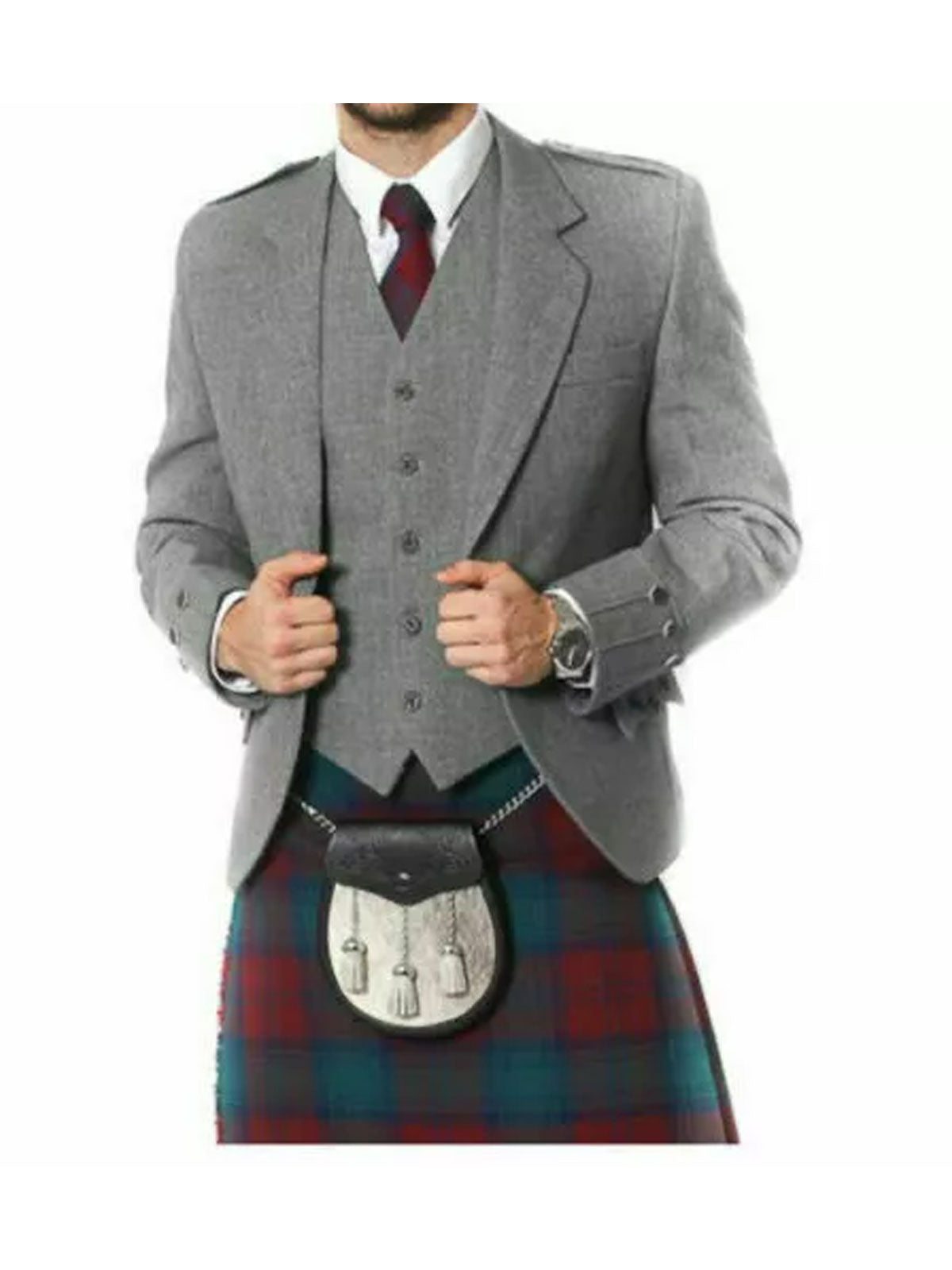 Men's Grey Wool Argyle Kilt Jacket With Waistcoat Scottish Wedding Kilt Jacket