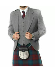 Men's Grey Wool Argyle Kilt Jacket With Waistcoat Scottish Wedding Kilt Jacket