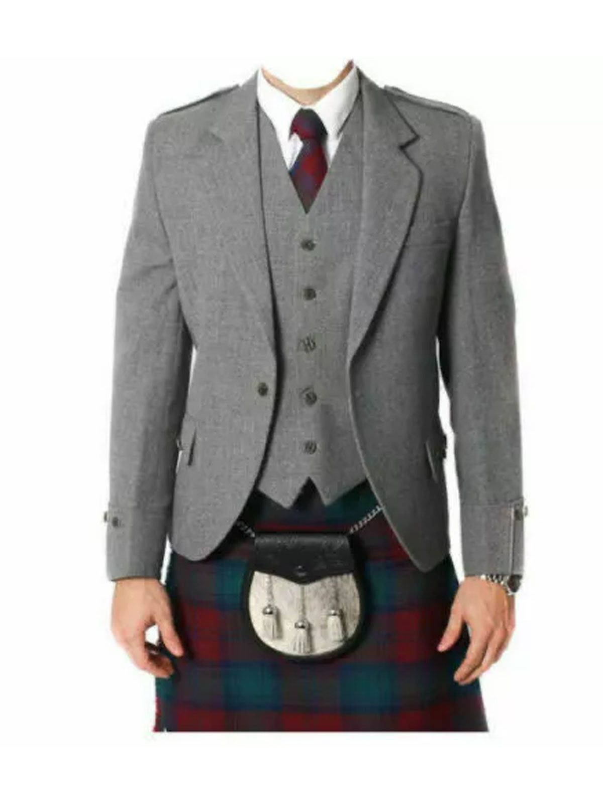 Men's Grey Wool Argyle Kilt Jacket With Waistcoat Scottish Wedding Kilt Jacket