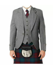 Men's Grey Wool Argyle Kilt Jacket With Waistcoat Scottish Wedding Kilt Jacket