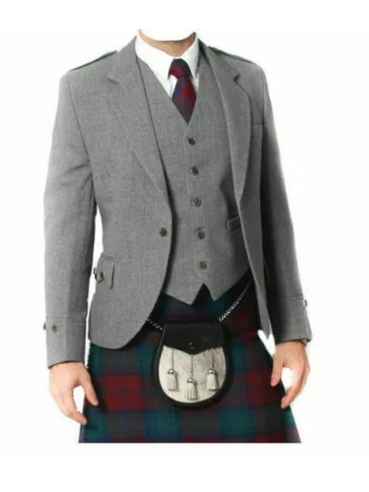 Men's Grey Wool Argyle Kilt Jacket With Waistcoat Scottish Wedding Kilt Jacket