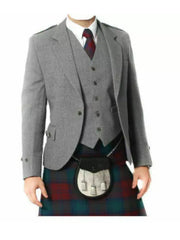 Men's Grey Wool Argyle Kilt Jacket With Waistcoat Scottish Wedding Kilt Jacket