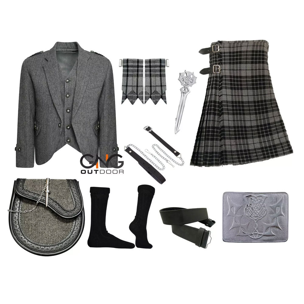 Men's Scottish Grey Tweed Jacket Wedding Kilt Outfit Jacket 10 Pieces Kilt set