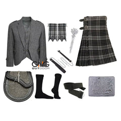Men's Scottish Grey Tweed Jacket Wedding Kilt Outfit Jacket 10 Pieces Kilt set