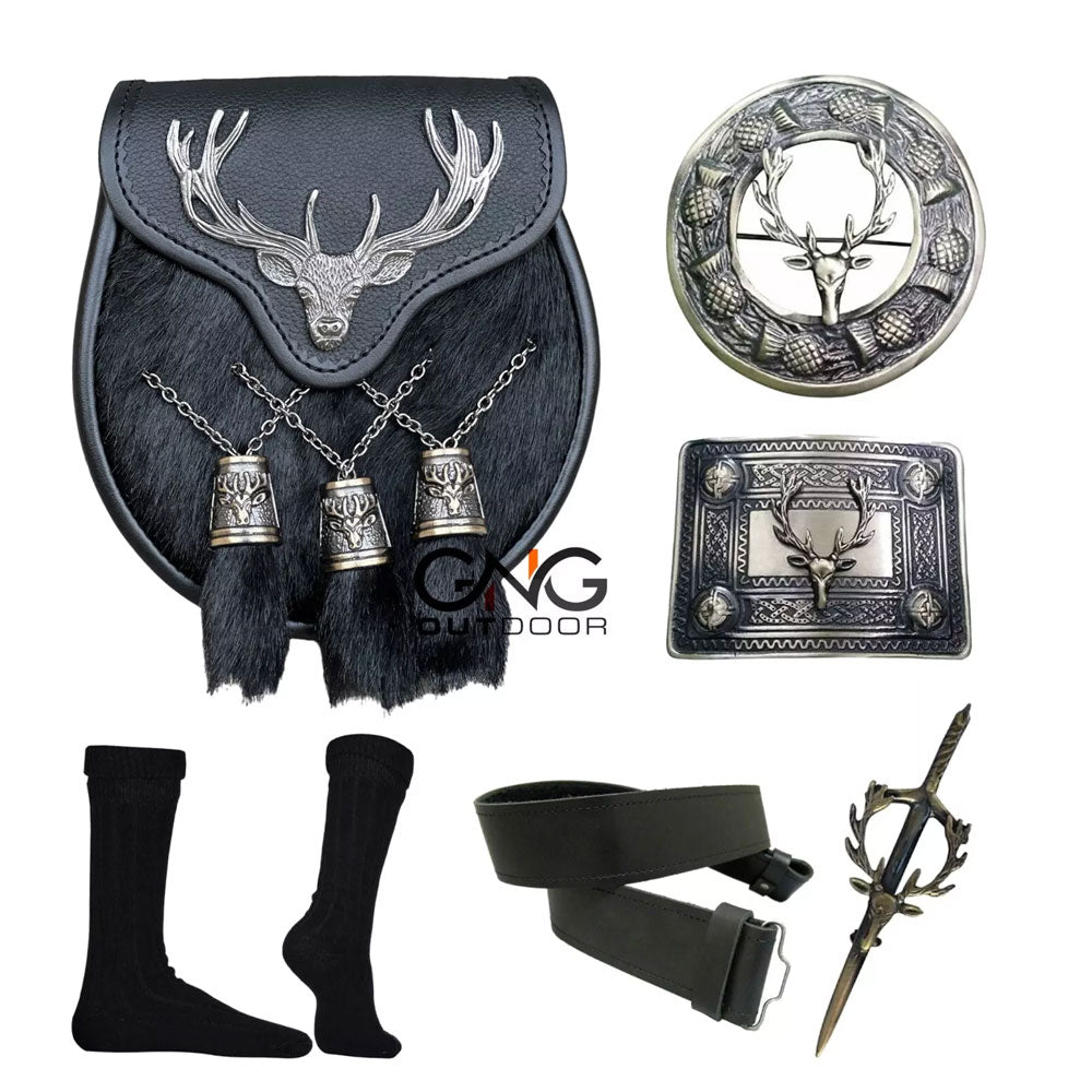 Men's Scottish Stage Head 3 Tassel Sporran Six Pieces Antique Sporran Set