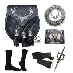 Men's Scottish Stage Head 3 Tassel Sporran Six Pieces Antique Sporran Set