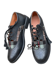Men’s Black Leather Brogue Shoes with Scottish Tartan Detail Kilt Dress Shoes