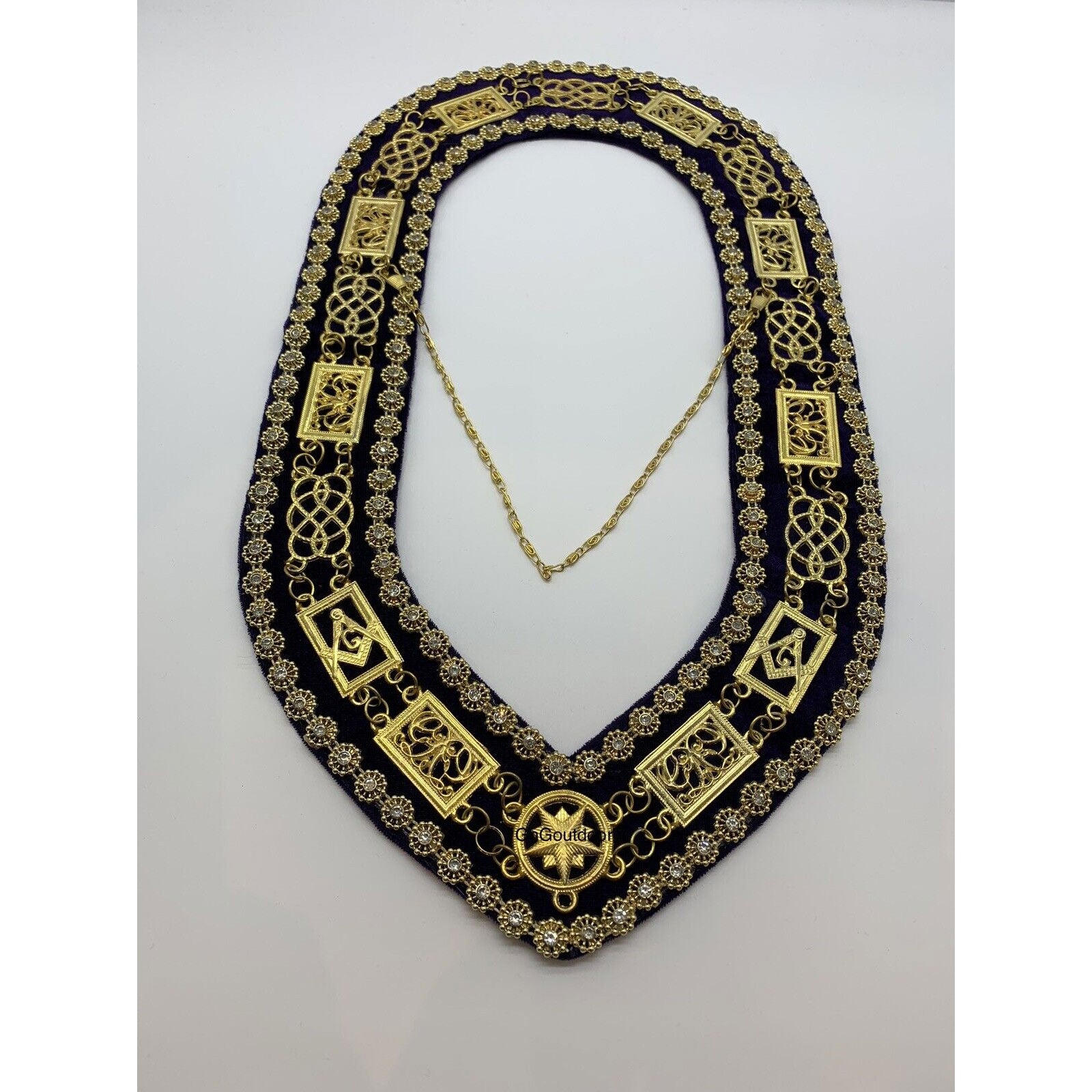 Masonic Grand Lodge Master Mason Gold Chain Collar On Blue Velvet With Beads