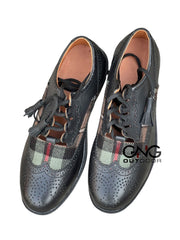 Men's Scottish Tartan Shoes Ghillie Brogues Black Leather Kilt Shoes