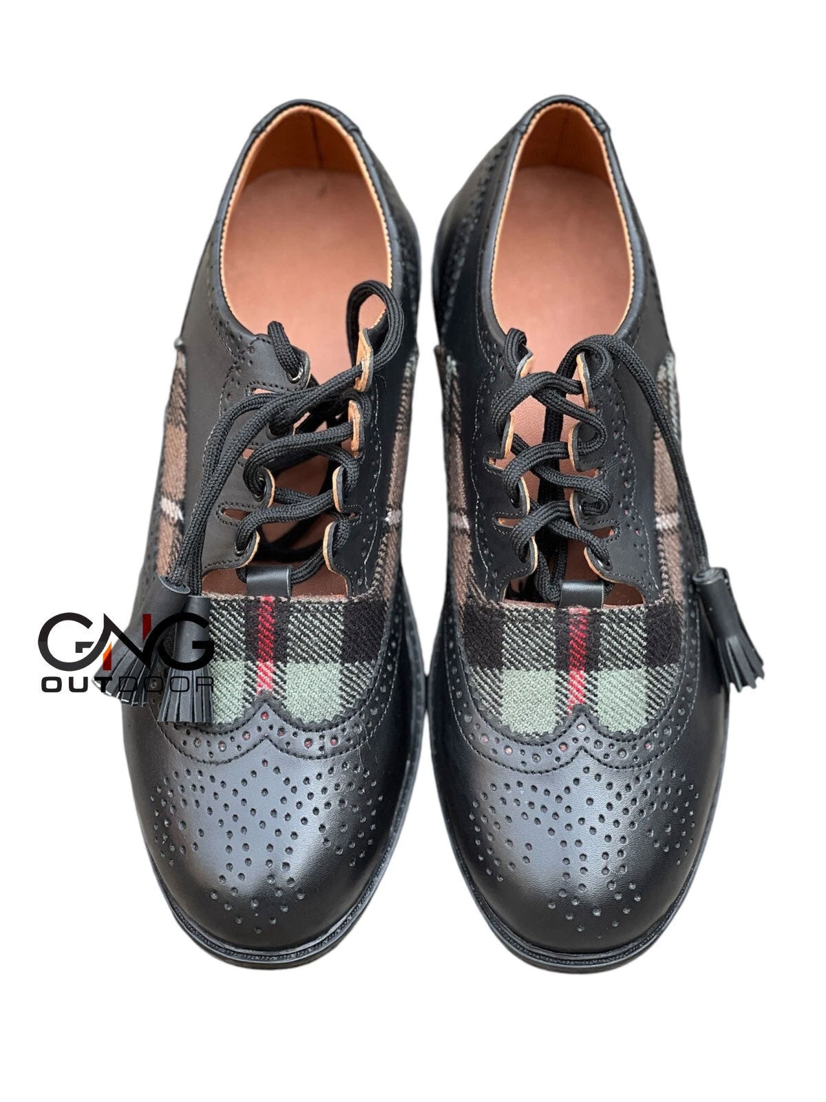 Men's Scottish Tartan Shoes Ghillie Brogues Black Leather Kilt Shoes