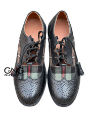 Men's Scottish Tartan Shoes Ghillie Brogues Black Leather Kilt Shoes