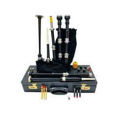 Black Bagpipe Full Practice Chanter Scottish Silver Mouth with Hard Case