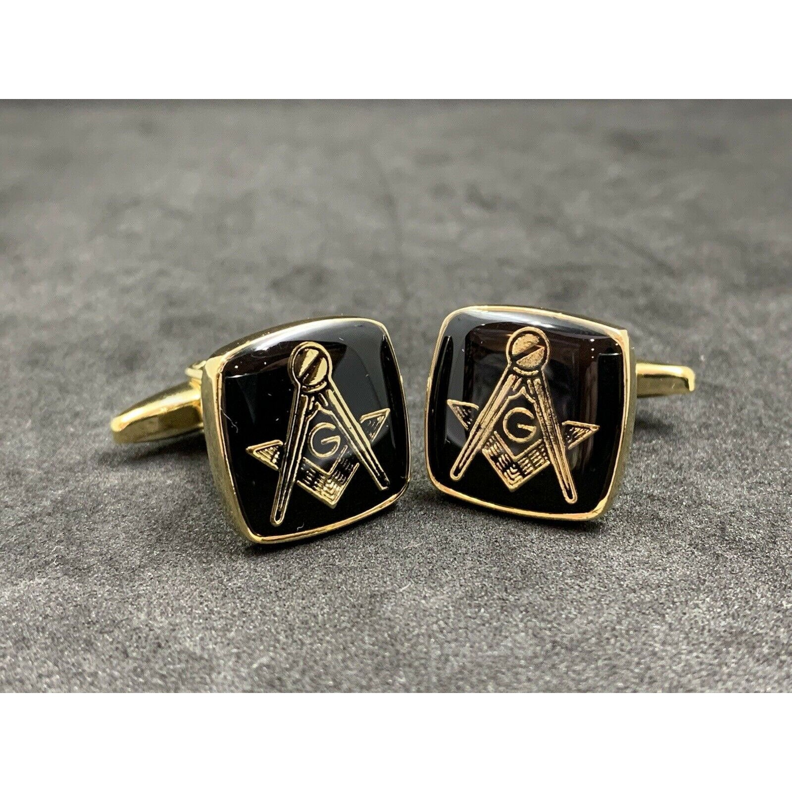 Masonic Freemason Cufflinks Square Compass Black Enamel with Gold Plating