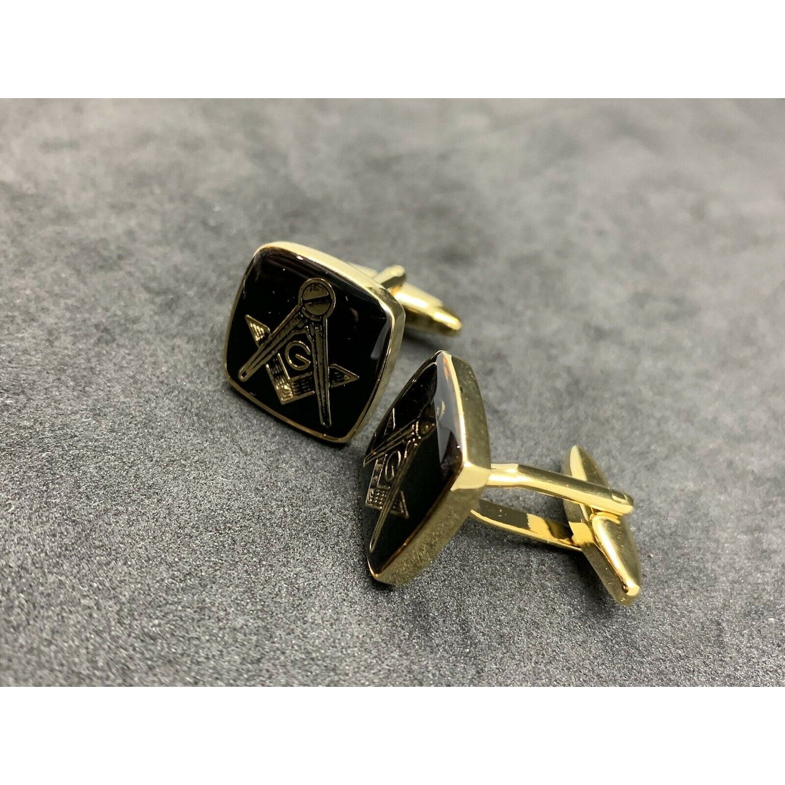 Masonic Freemason Cufflinks Square Compass Black Enamel with Gold Plating
