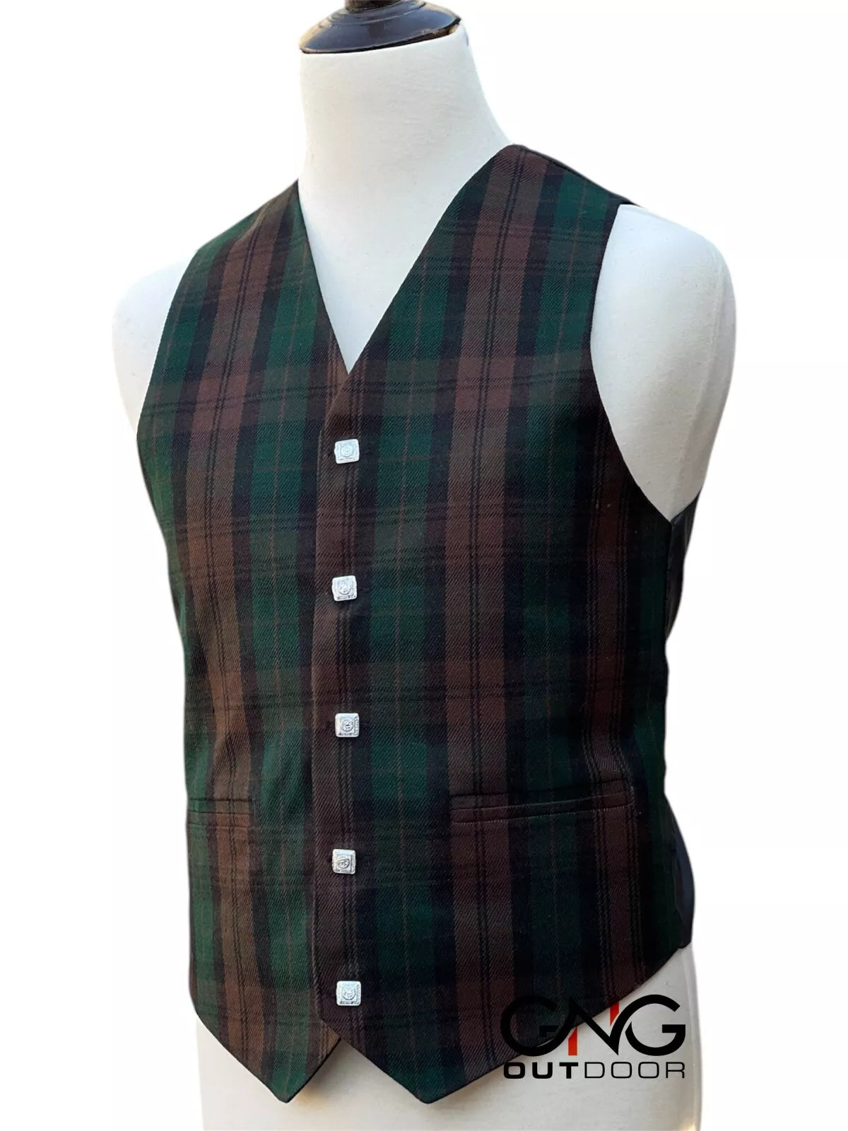 Men's Wedding Brown Watch Tartan Vest 5 Button Scottish Kilt Waistcoat