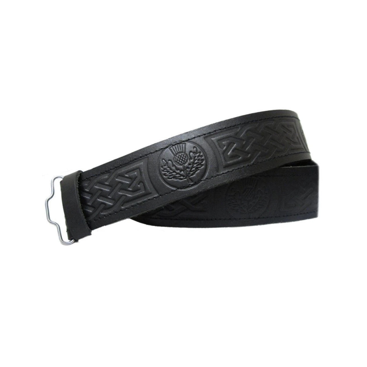 Black Leather Embossed Kilt Belt Adjustable Sizes For Highland Kilts Plain