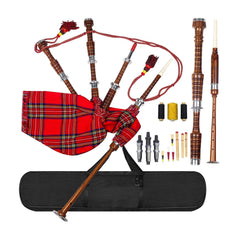 Plain Brown Bagpipe Royal Stewart Tartan Silver Mounts Rosewood Highland Bagpipe