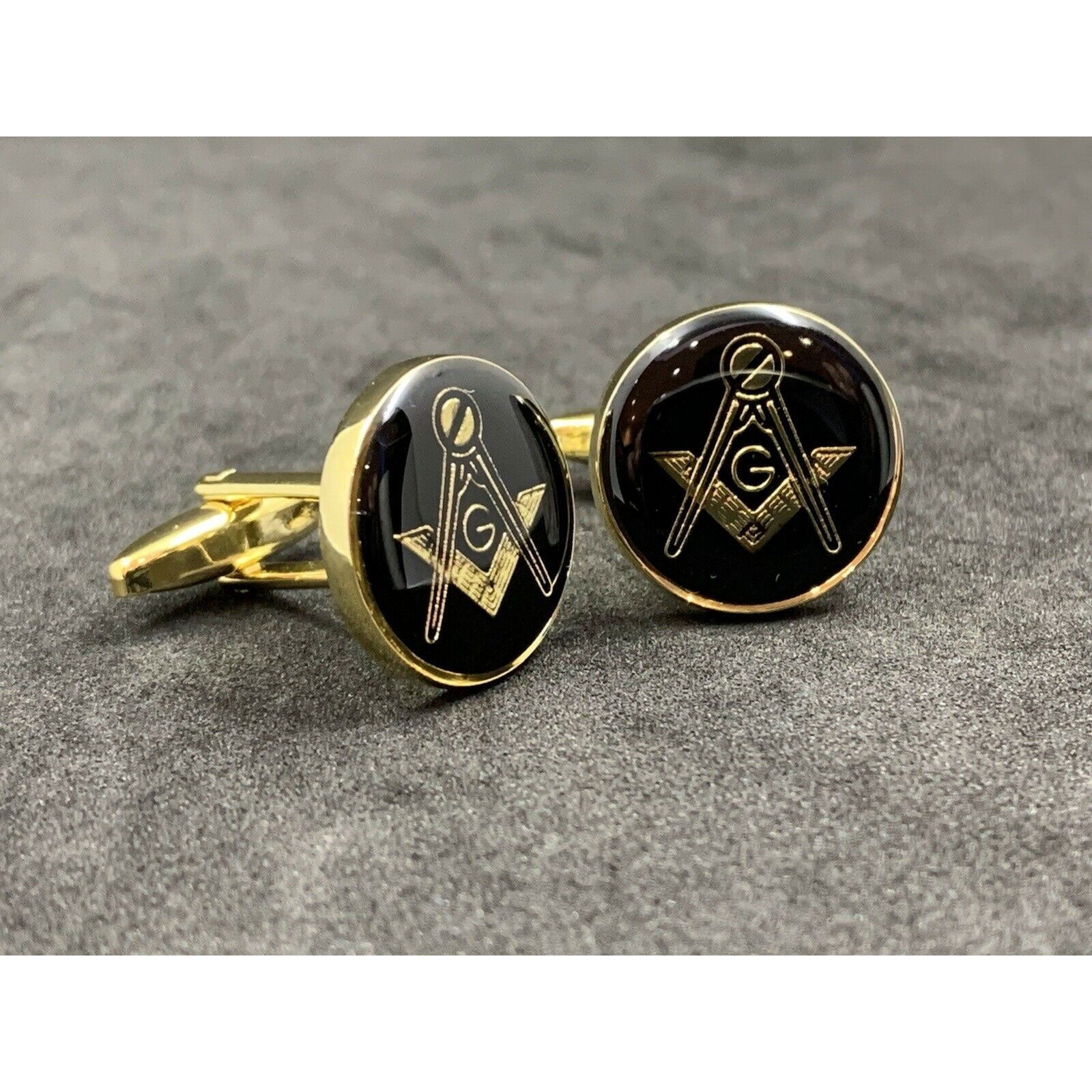 Masonic Freemason Cufflinks Square Compass Black Enamel with Gold Plating