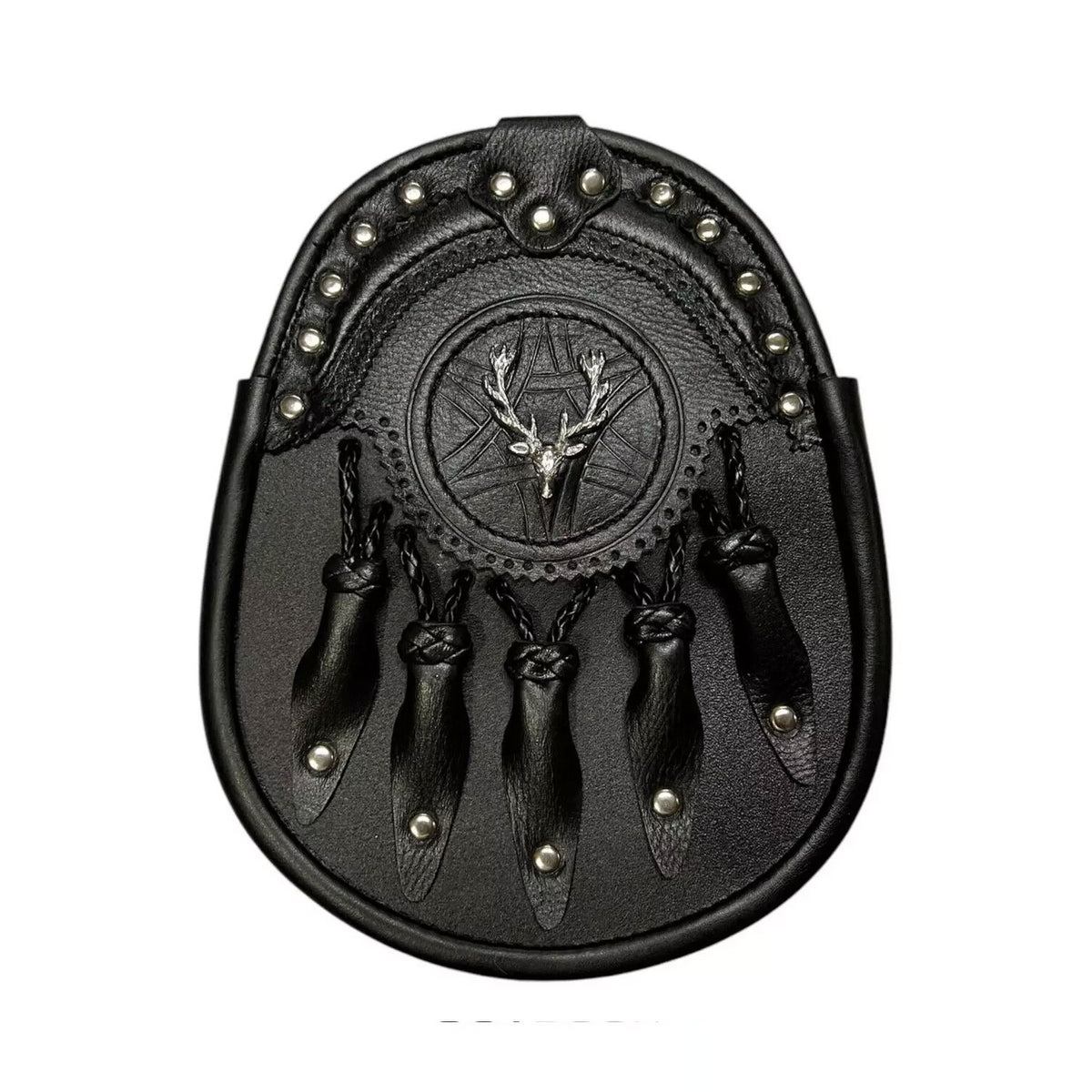 Men's Scottish Handmade Stage head Sporran | Black Leather | With Chain Strap