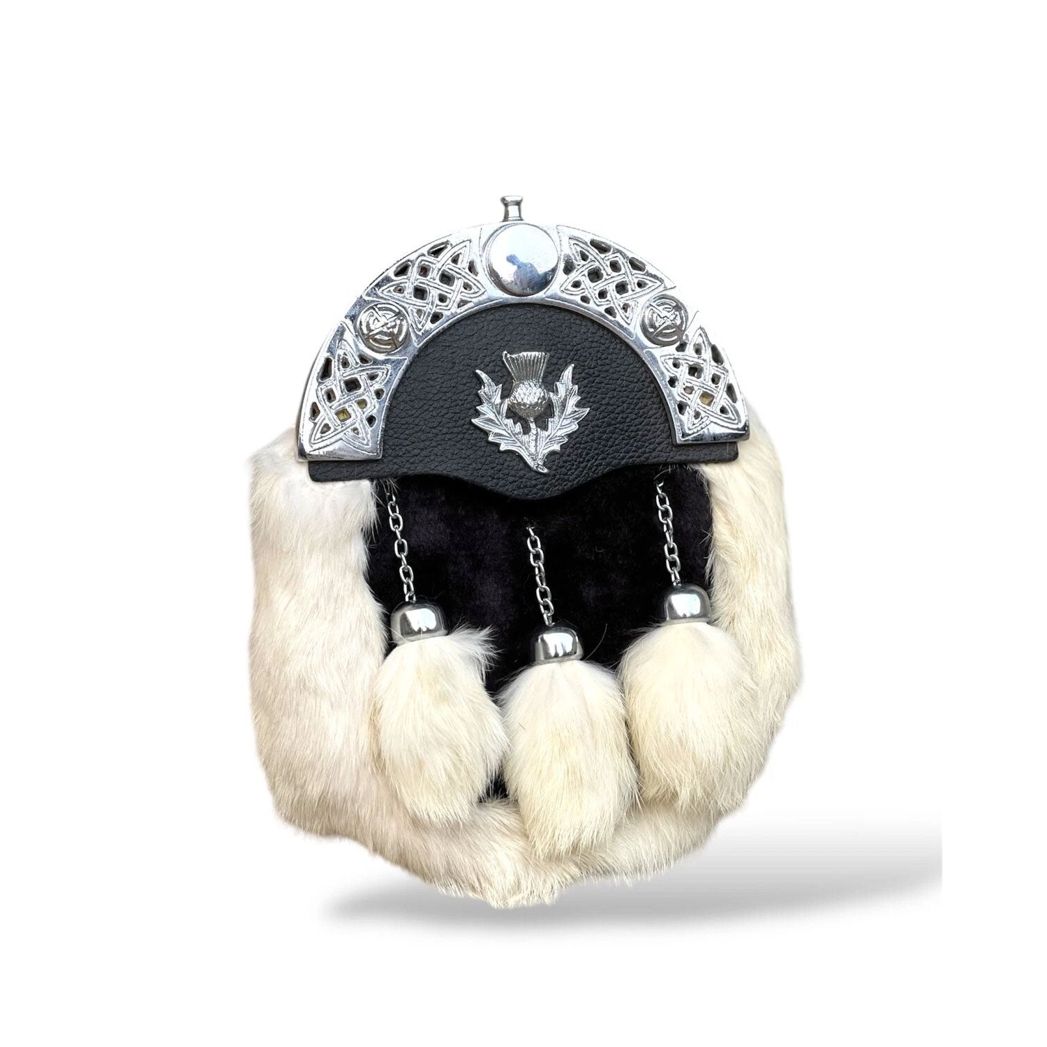 Men's Scottish Black and White Fur Sporran 3 Fur White Tassels Kilt Sporran