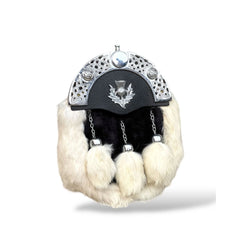 Men's Scottish Black and White Fur Sporran 3 Fur White Tassels Kilt Sporran