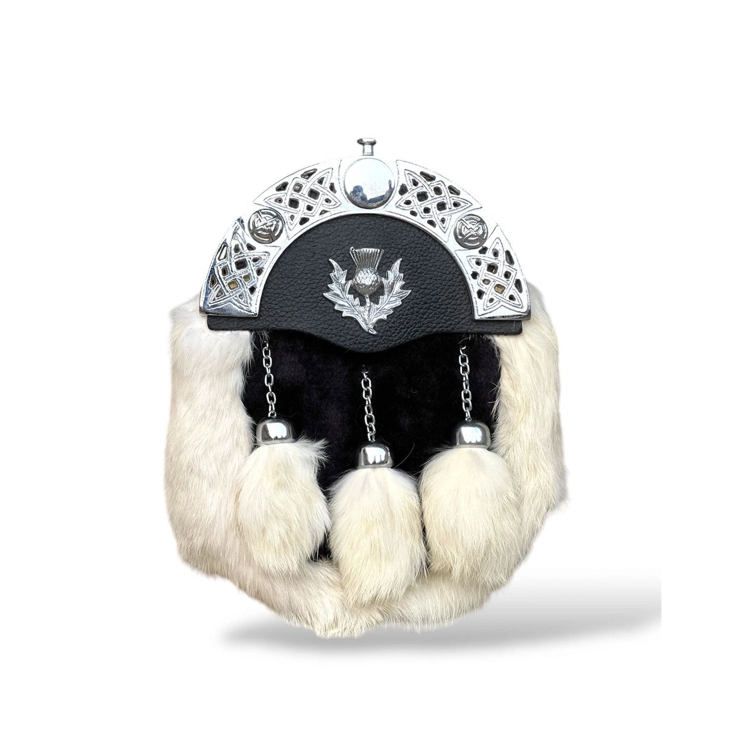 Men's Scottish Black and White Fur Sporran 3 Fur White Tassels Kilt Sporran