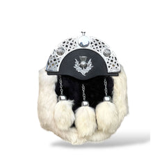Men's Scottish Black and White Fur Sporran 3 Fur White Tassels Kilt Sporran