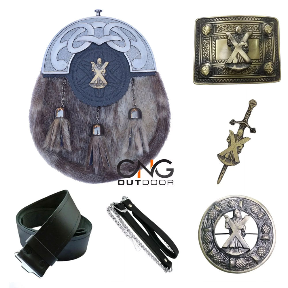 Men's Scottish St Andrew Sporran Six Pieces Scottish Set Antique Sporran