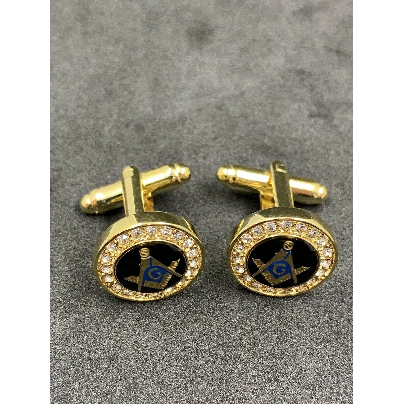 Masonic Freemason Cufflinks Square Compass Gold Plated With Imitation Diamonds