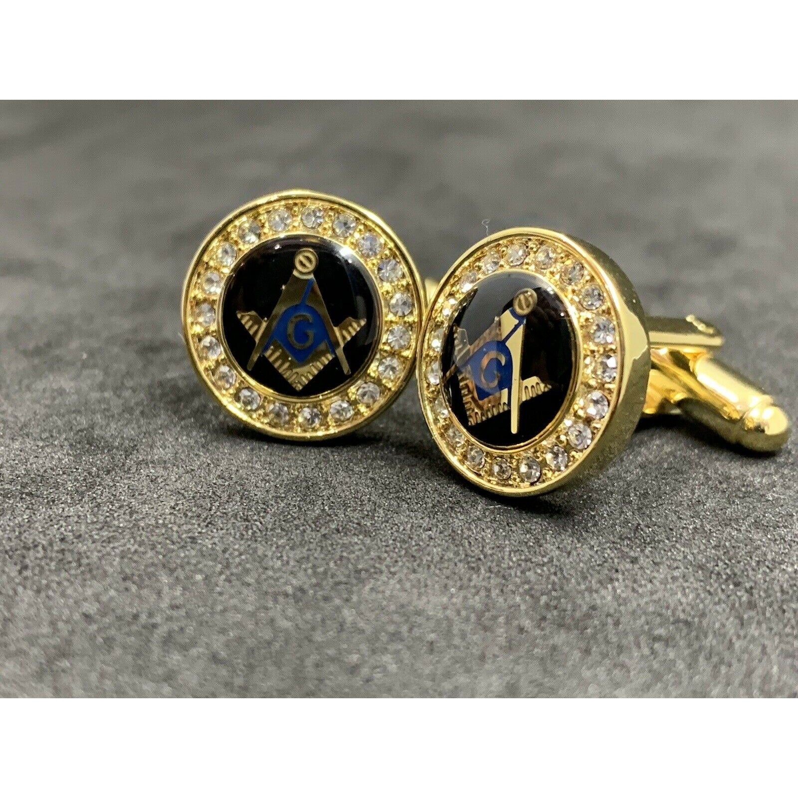 Masonic Freemason Cufflinks Square Compass Gold Plated With Imitation Diamonds